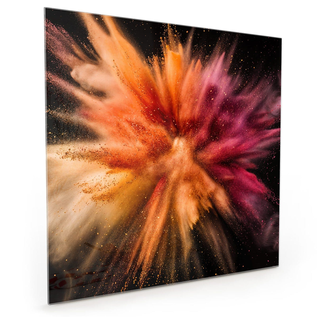 Küchenrückwand aus Glas im quadratischen Format: Explodierendes Farbpulver in Orange, Beere und Creme vor schwarzem Grund