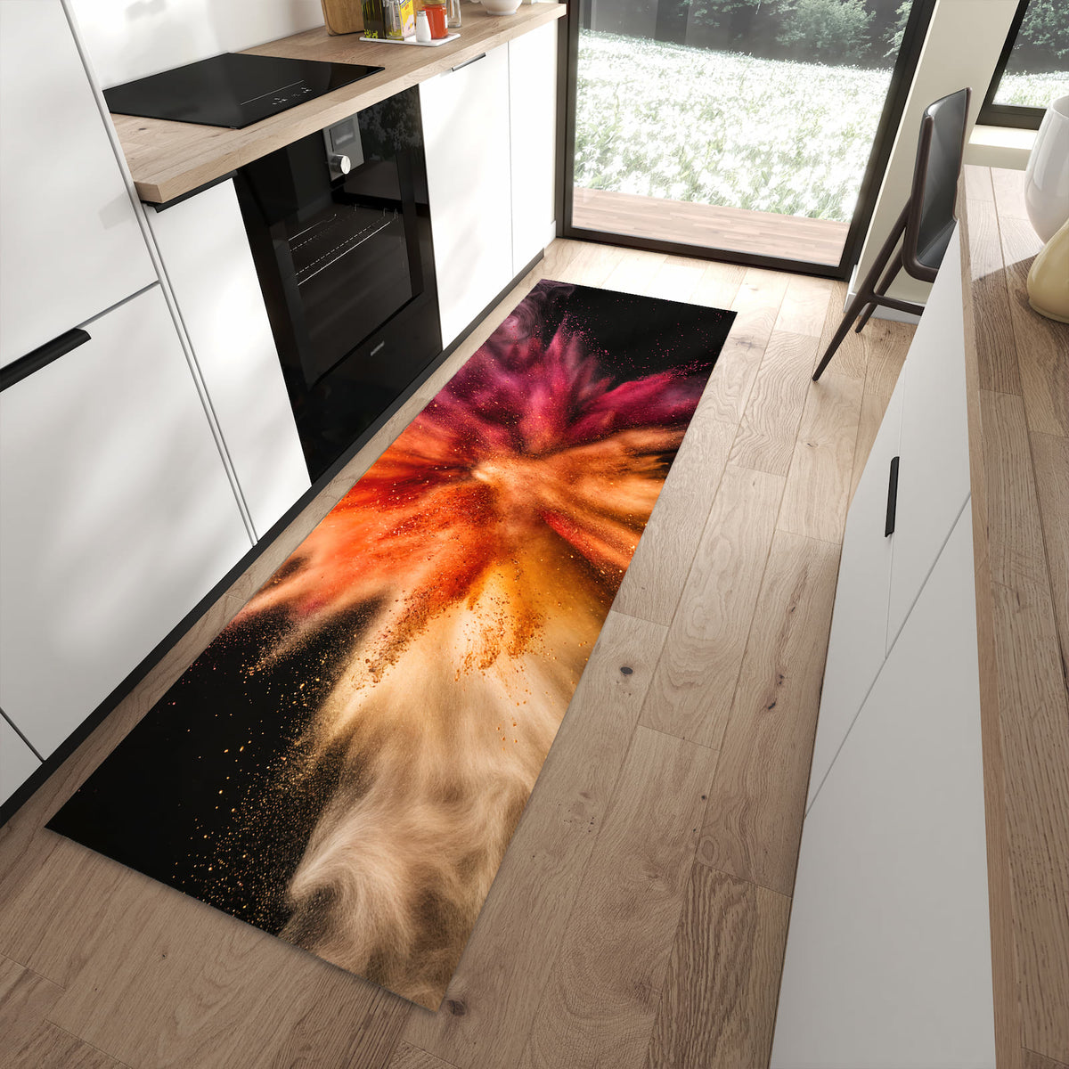 Küchenteppich Farbpulver auf Schwarz 80 × 250 cm vor der Küchenzeile auf hellem Holzboden