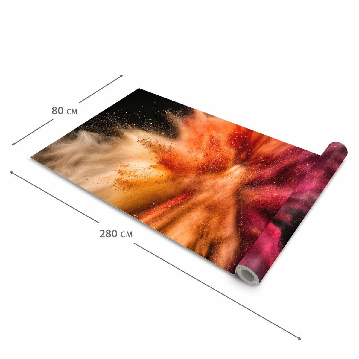 Küchenläufer Farbpulver auf Schwarz halb aufgerollt mit Maßangaben: Gesamtgröße 80 × 280 cm
