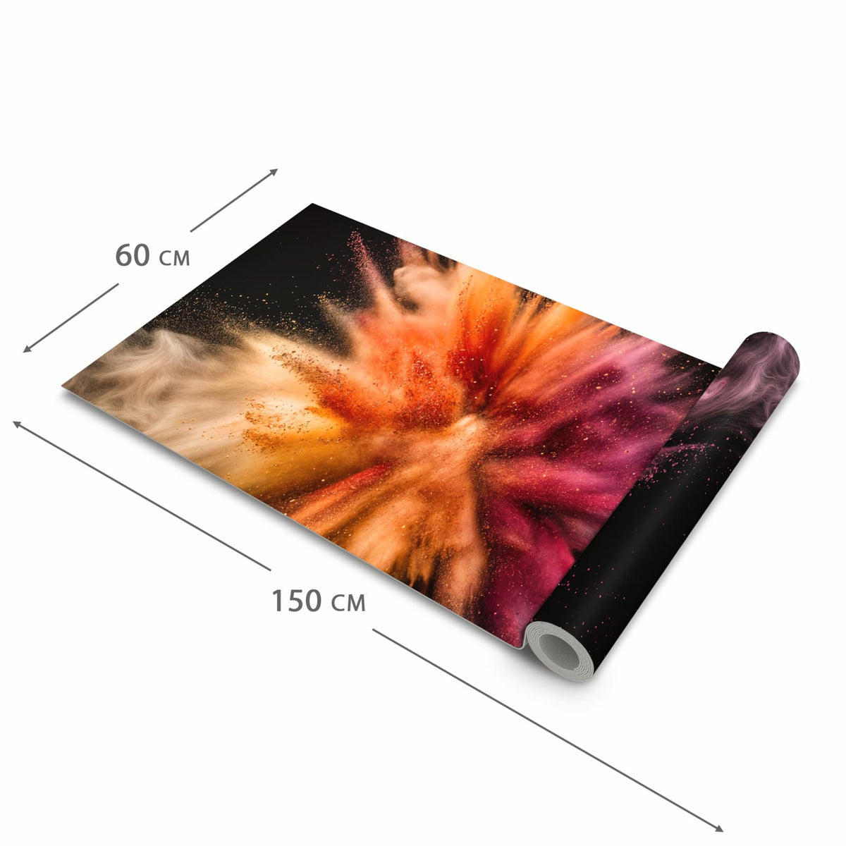 Küchenläufer Farbpulver auf Schwarz halb aufgerollt mit Maßangaben: Gesamtgröße 60 × 150 cm