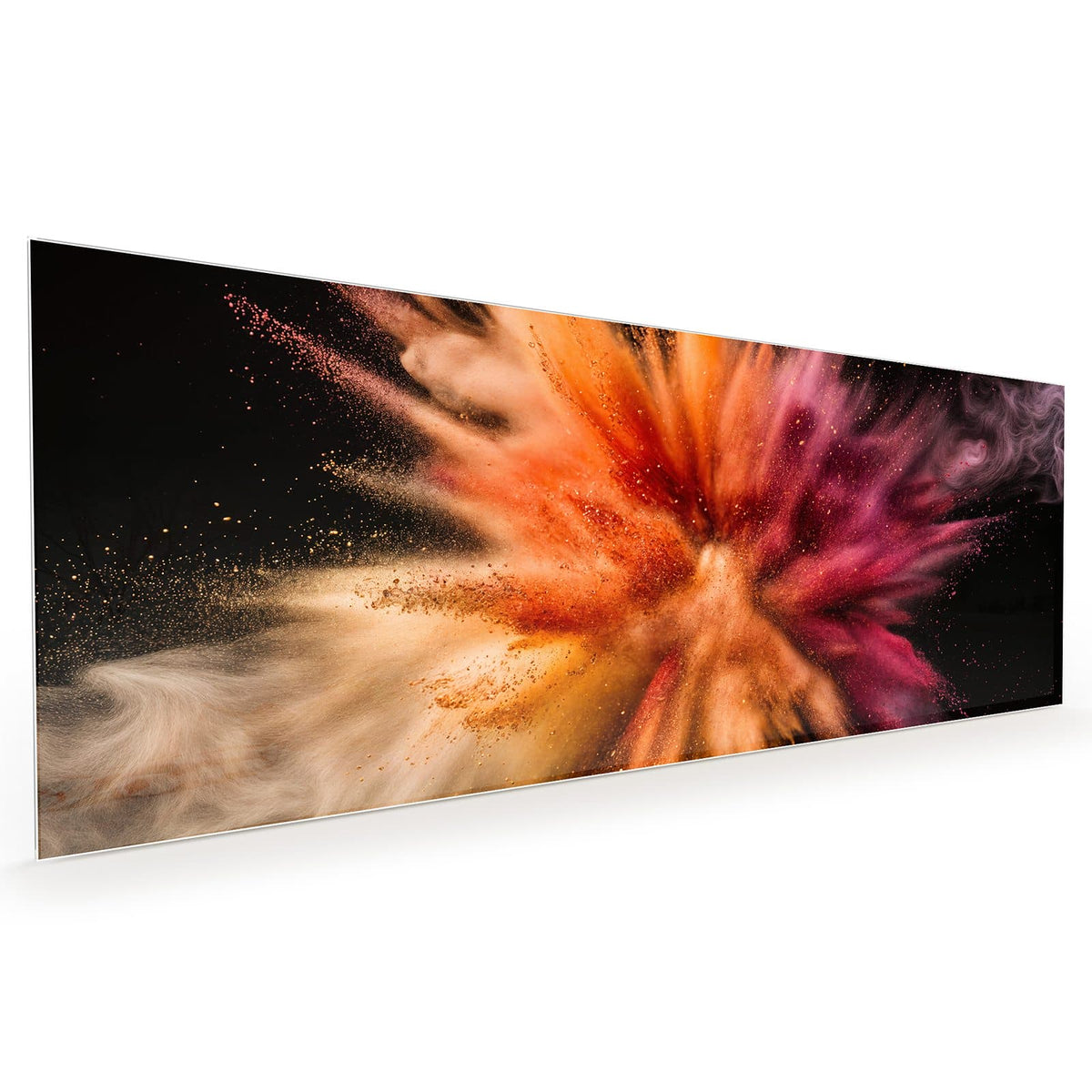 Küchenrückwand aus Glas im Hochformat: Explodierendes Farbpulver in Orange, Beere und Creme vor schwarzem Grund