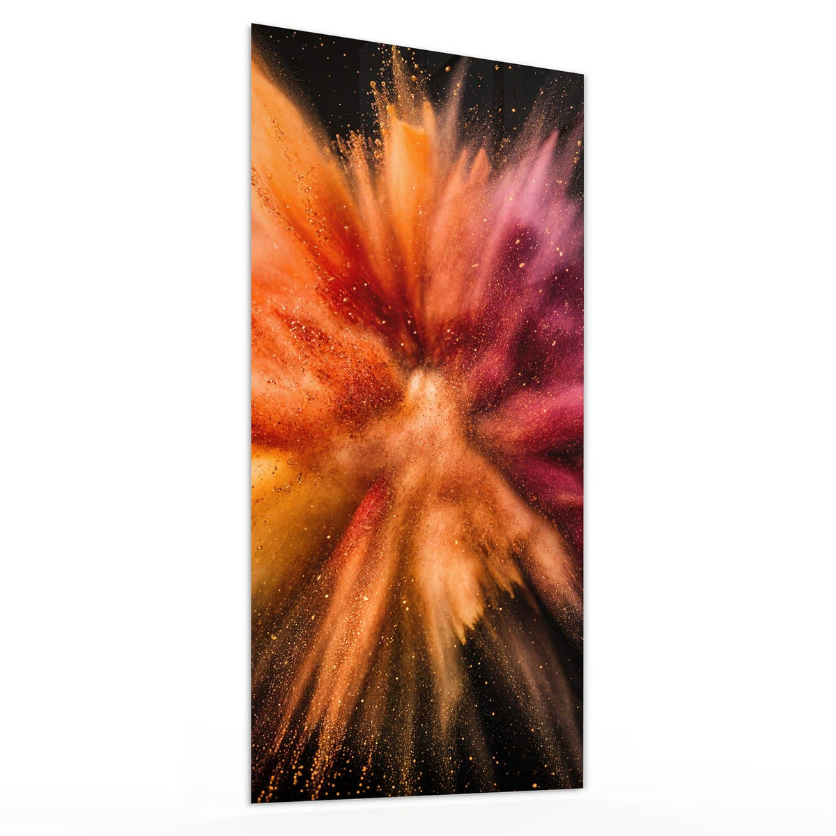 Glasbild Farbpulver auf Schwarz von der Seite, 4 mm Echtglas