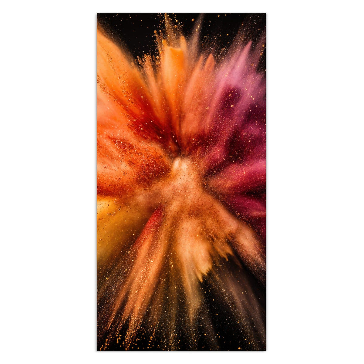 Explodierendes Farbpulver in Orange, Beere und Creme vor schwarzem Grund