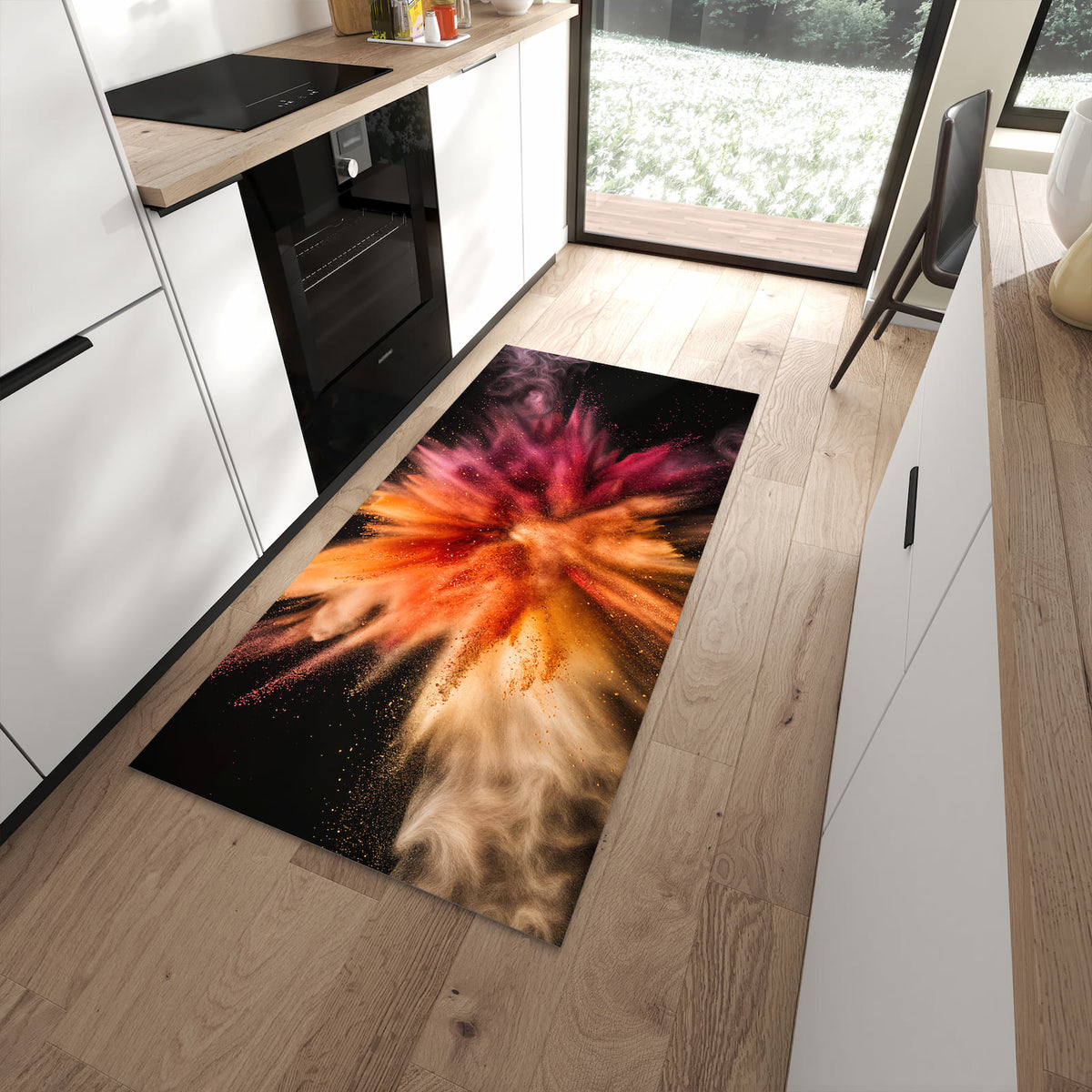 Küchenteppich Farbpulver auf Schwarz 90 × 180 cm vor der Küchenzeile auf hellem Holzboden
