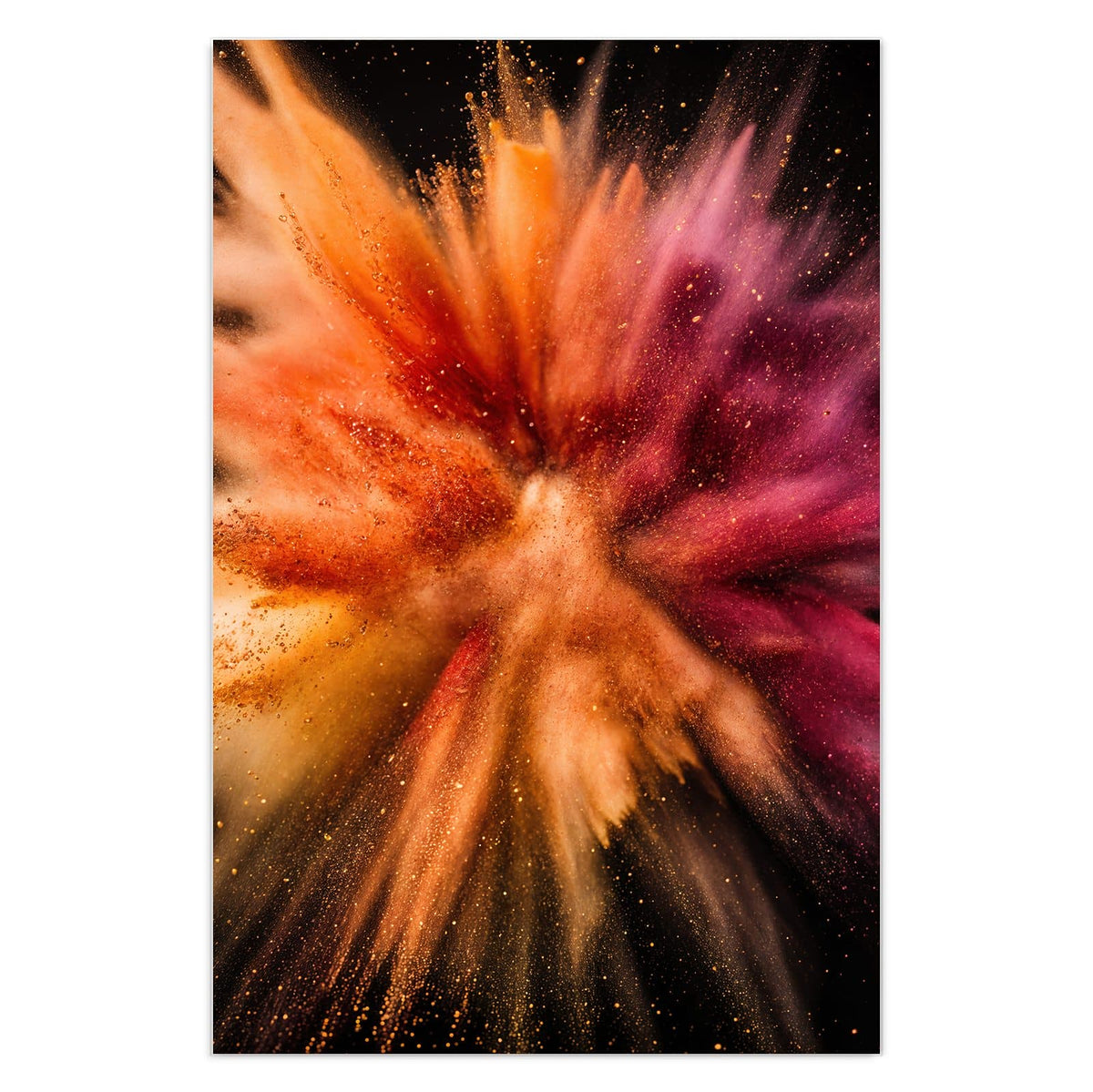 Explodierendes Farbpulver in Orange, Beere und Creme vor schwarzem Grund
