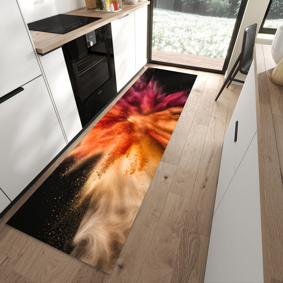 Küchenteppich Farbpulver auf Schwarz 80 × 280 cm vor der Küchenzeile auf hellem Holzboden