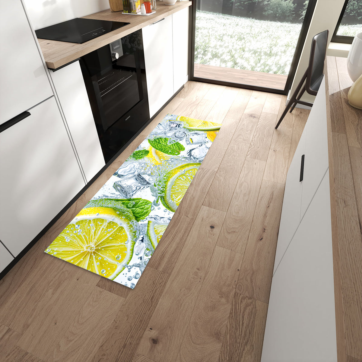 Küchenteppich mit Motiv Zitrusfrische für Ordnung in moderner Küche