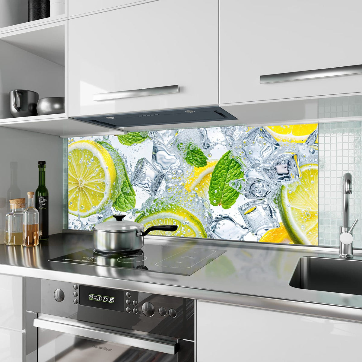 Küchenrückwand aus Glas Zitrusscheiben im Eis im Hochformat als Spritzschutz hinter dem Kochfeld, über dem Fliesenspiegel montiert