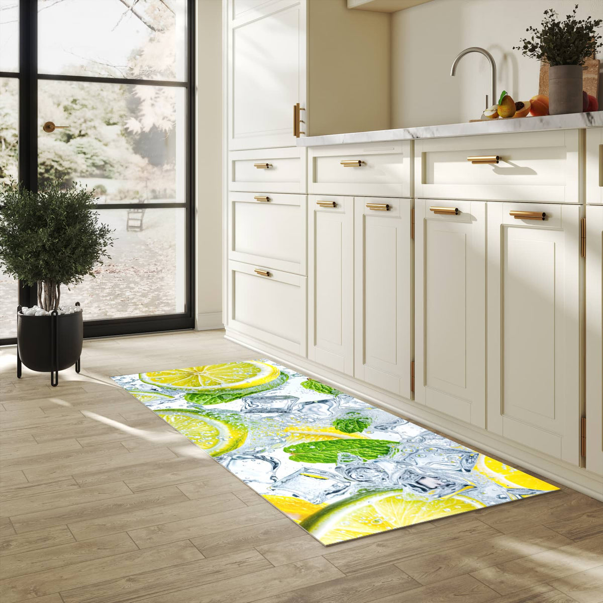 Bodenschonender Bodenläufer-Teppich mit Motiv Zitrusfrische in heller Küche