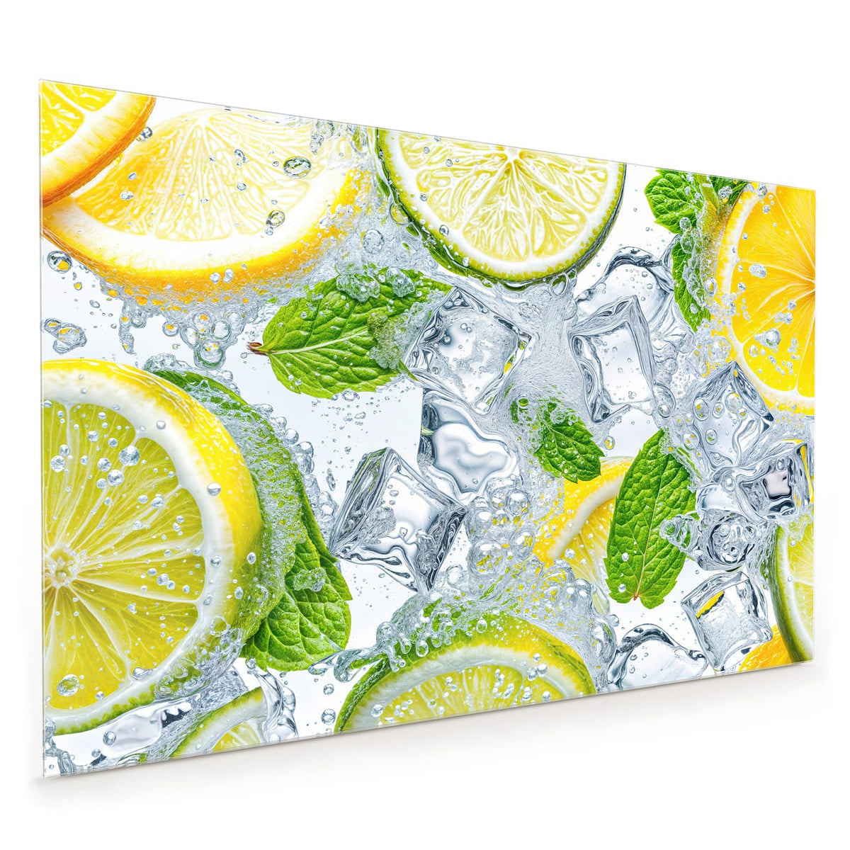 Küchenrückwand aus Glas im Hochformat mit Motiv Zitrusscheiben im Eis: Zitronen- und Limettenscheiben mit Minzblättern zwischen Eiswürfeln im Wasser