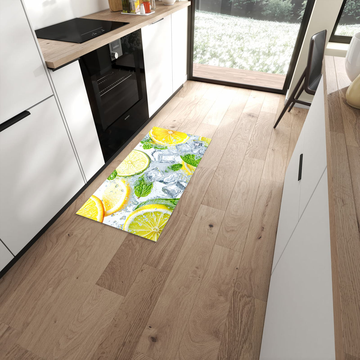 Feuchtigkeitsresistenter Küchenteppich mit Motiv Zitrusfrische in moderner Küche #grösse_60 x 120 cm
