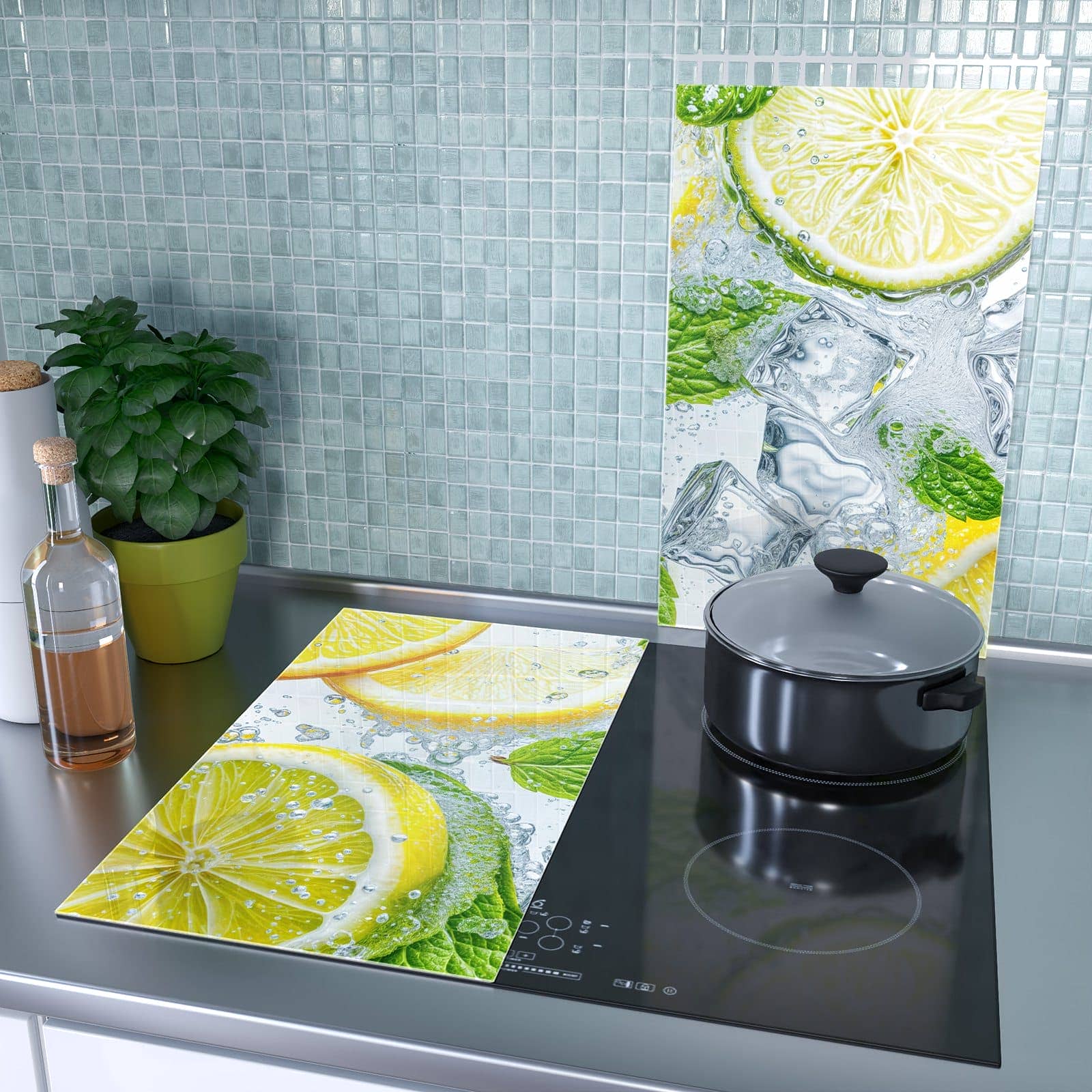 2-teilige Abdeckung für Herdplatten mit Zitrusfrische-Motiv als Spritzschutz hinter dem Kochfeld