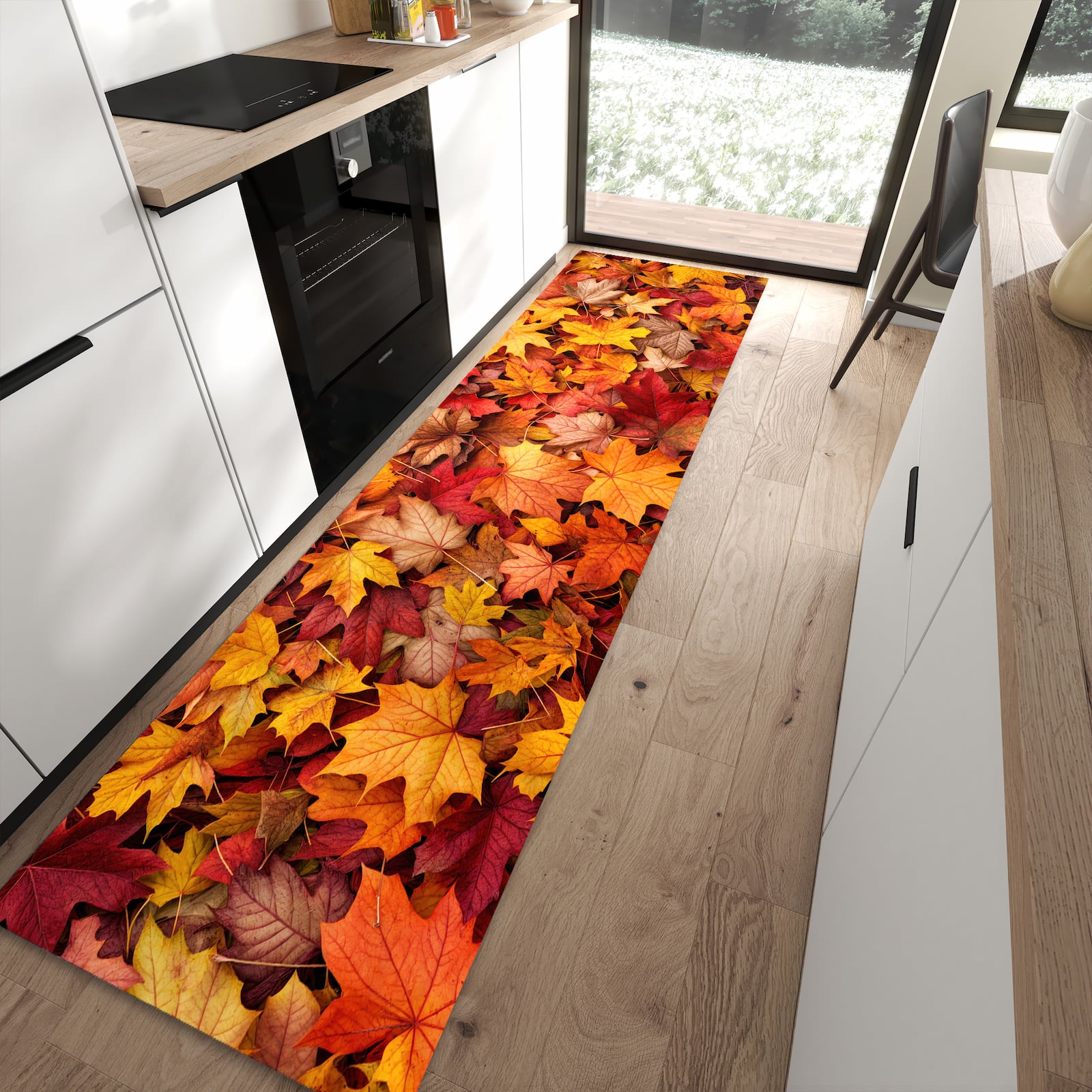 Langlebiger Küchenteppich mit Motiv Herbstlaub in moderner Küche