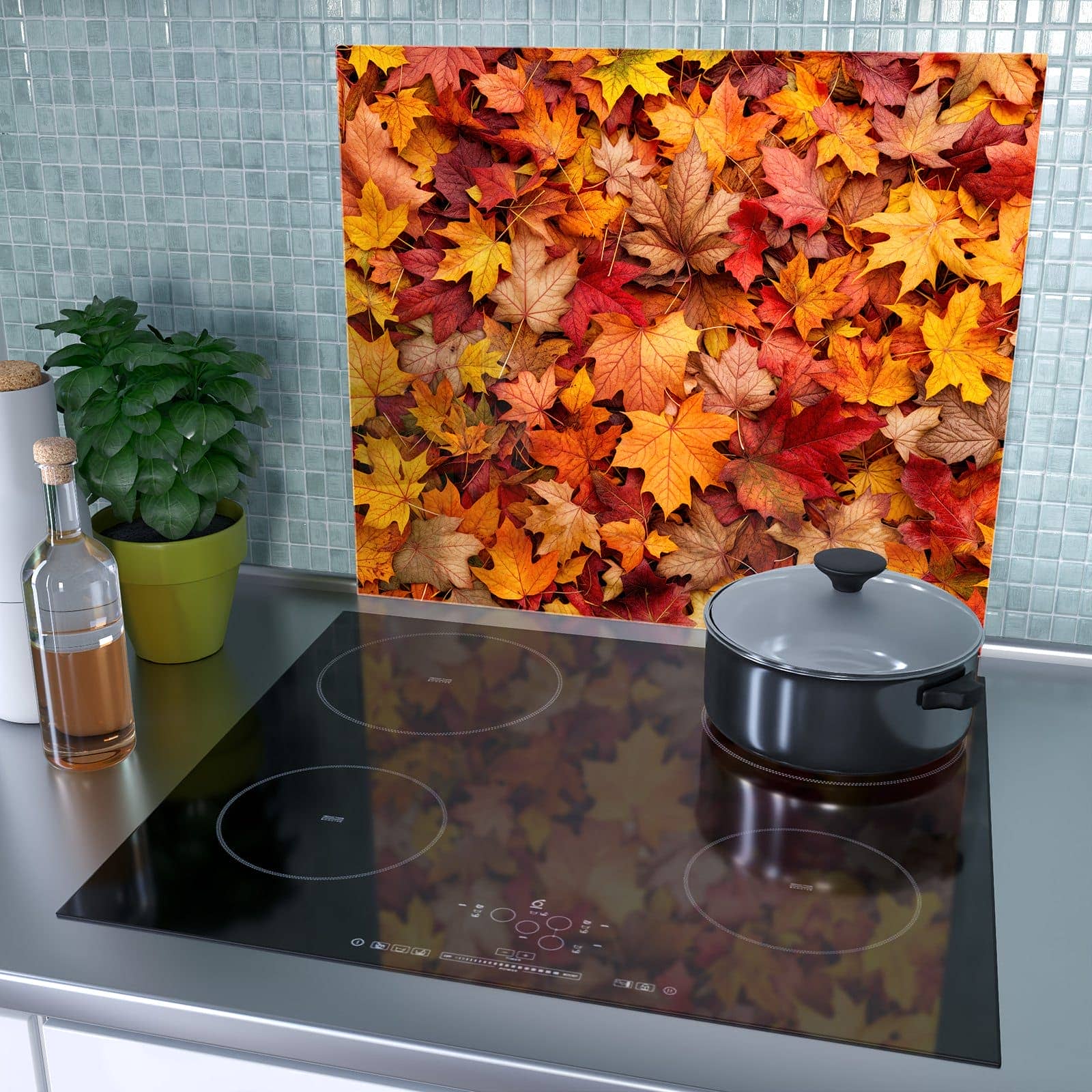 1-teilige Herdabdeckplatten für Ceranfeld mit Herbstlaub-Motiv als Spritzschutz hinter dem Kochfeld