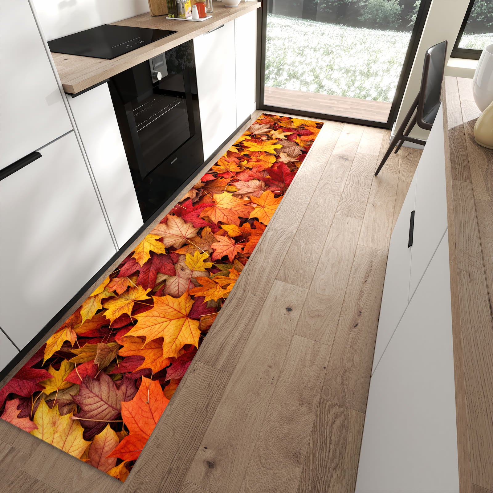 Komfortabler Bodenläufer-Teppich mit Motiv Herbstlaub in moderner Küche