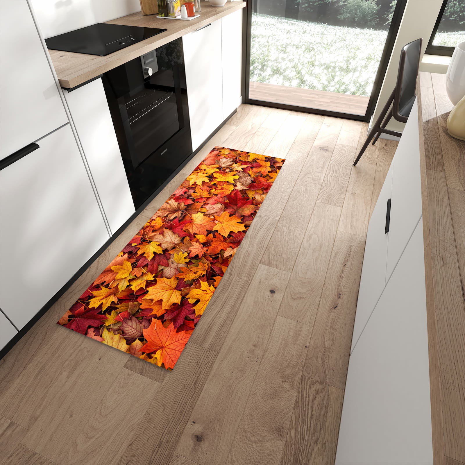 Geräuschdämpfender Teppich für Esstisch mit Motiv Herbstlaub in moderner Küche