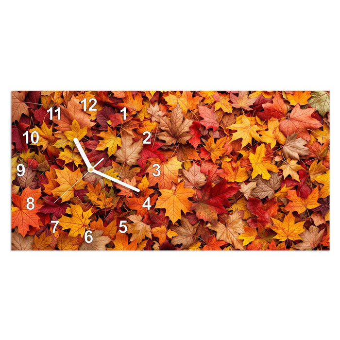 Wanduhr Herbstlaub aus Glas – Querformat 60 × 30 cm mit Ziffernblatt Modern