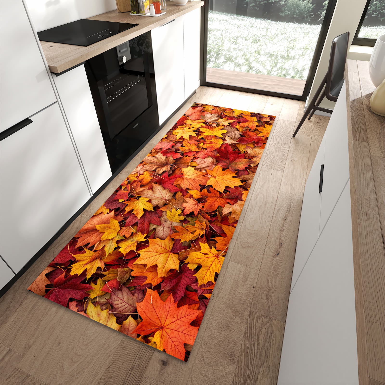 Pflegeleichter waschbarer Küchenteppich mit Motiv Herbstlaub in moderner Küche