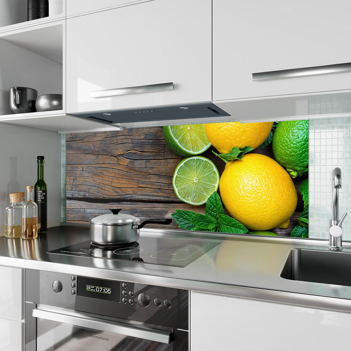 Küchenrückwand aus Glas Zitronen und Limetten im Hochformat als Spritzschutz hinter dem Kochfeld, über dem Fliesenspiegel montiert
