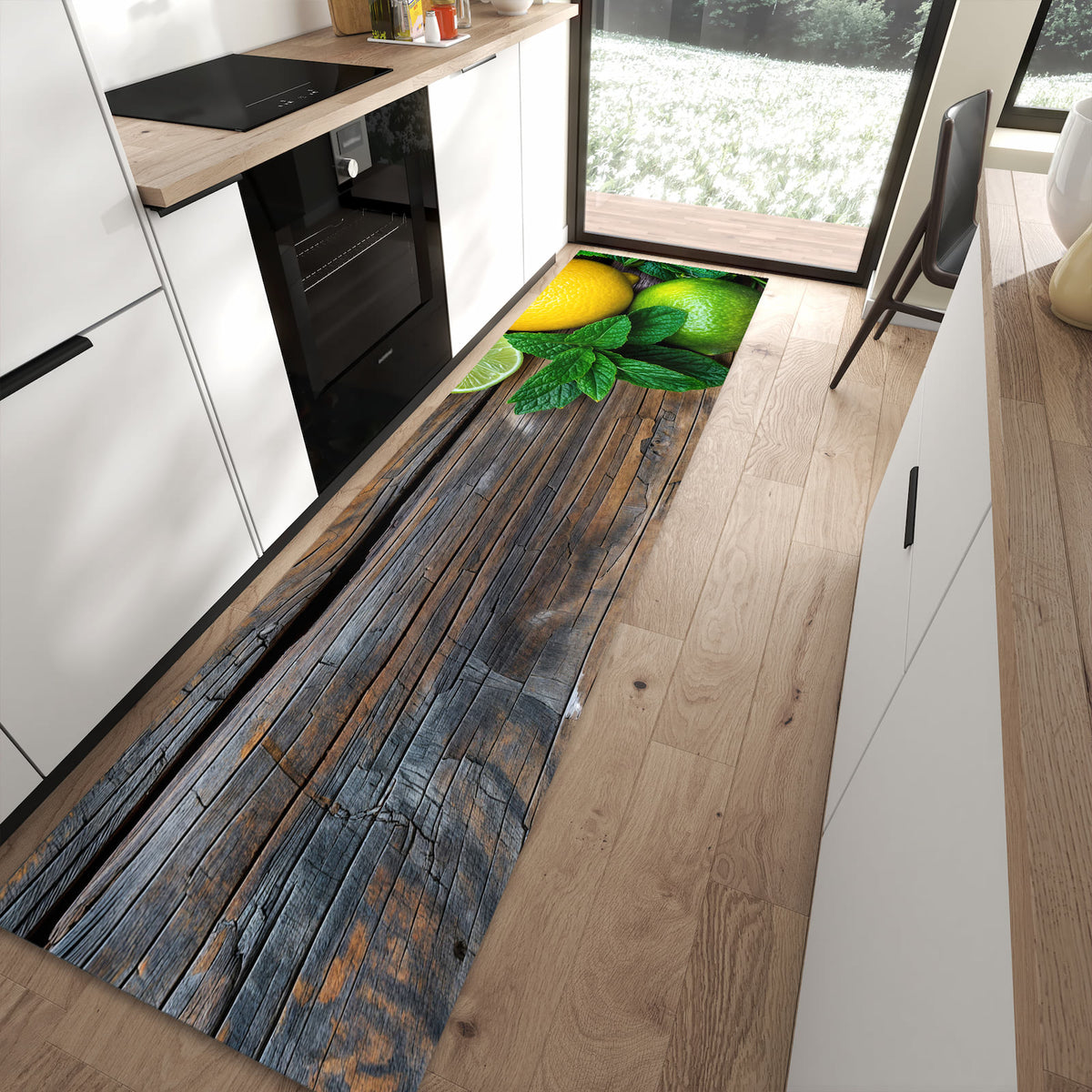Bodenschonender rutschfester Läufer mit Motiv Zitrusfruechte Holz in moderner Küche