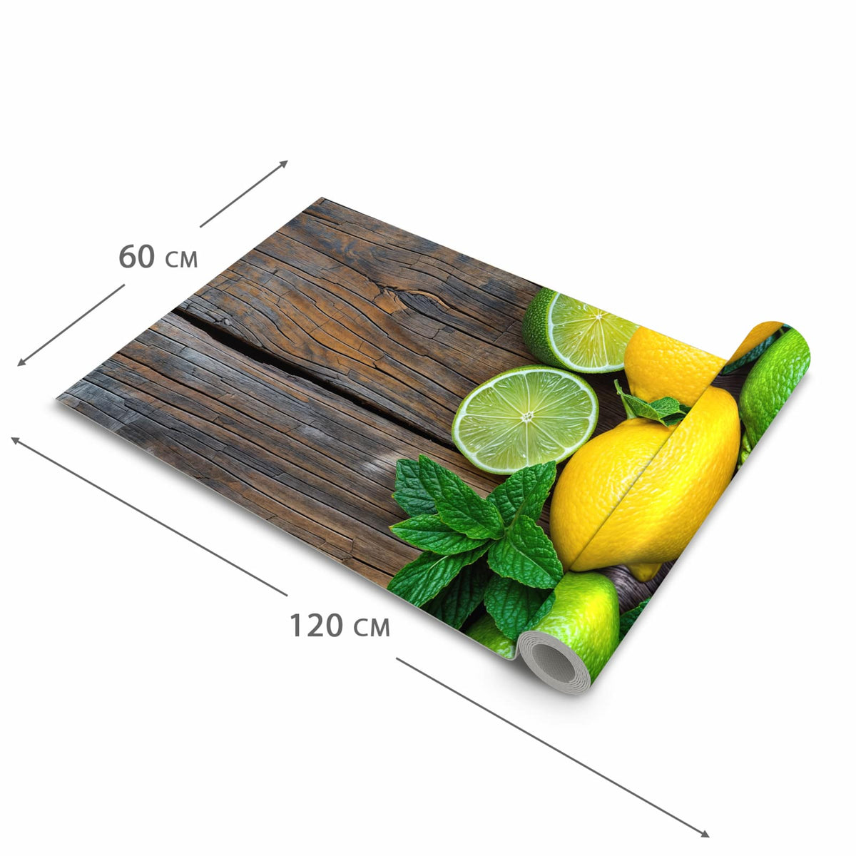Waschbarer dünner Küchenteppich mit Motiv Zitrusfruechte Holz in der Grösse 80x250 cm