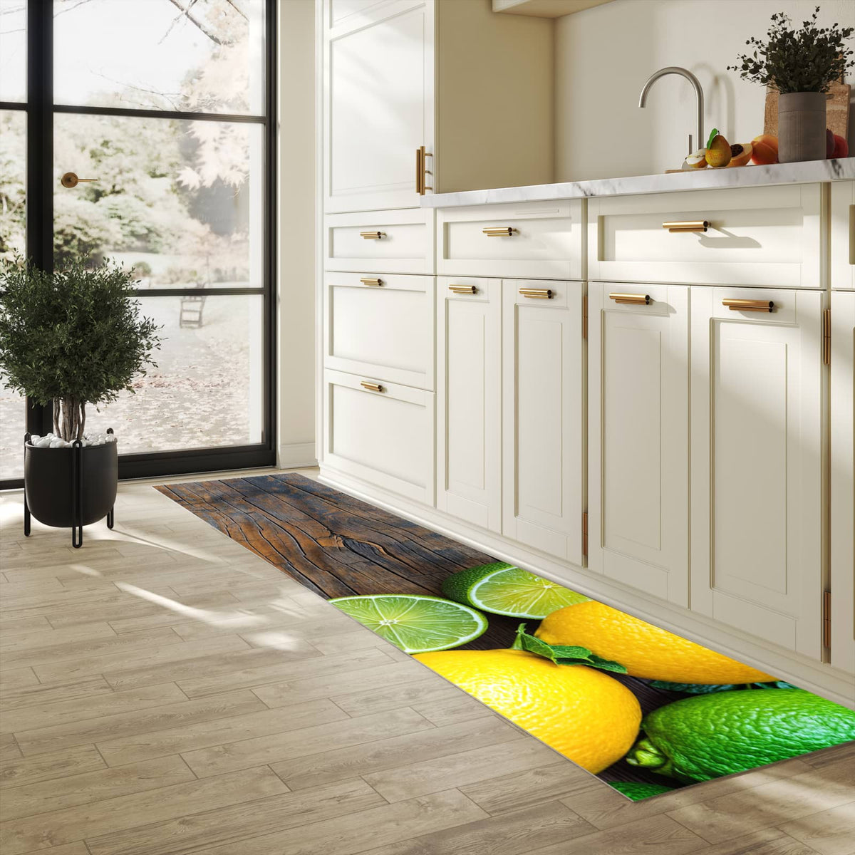 Rutschfester Küchenteppich mit Motiv Zitrusfruechte Holz in heller Küche für sicheren Stand