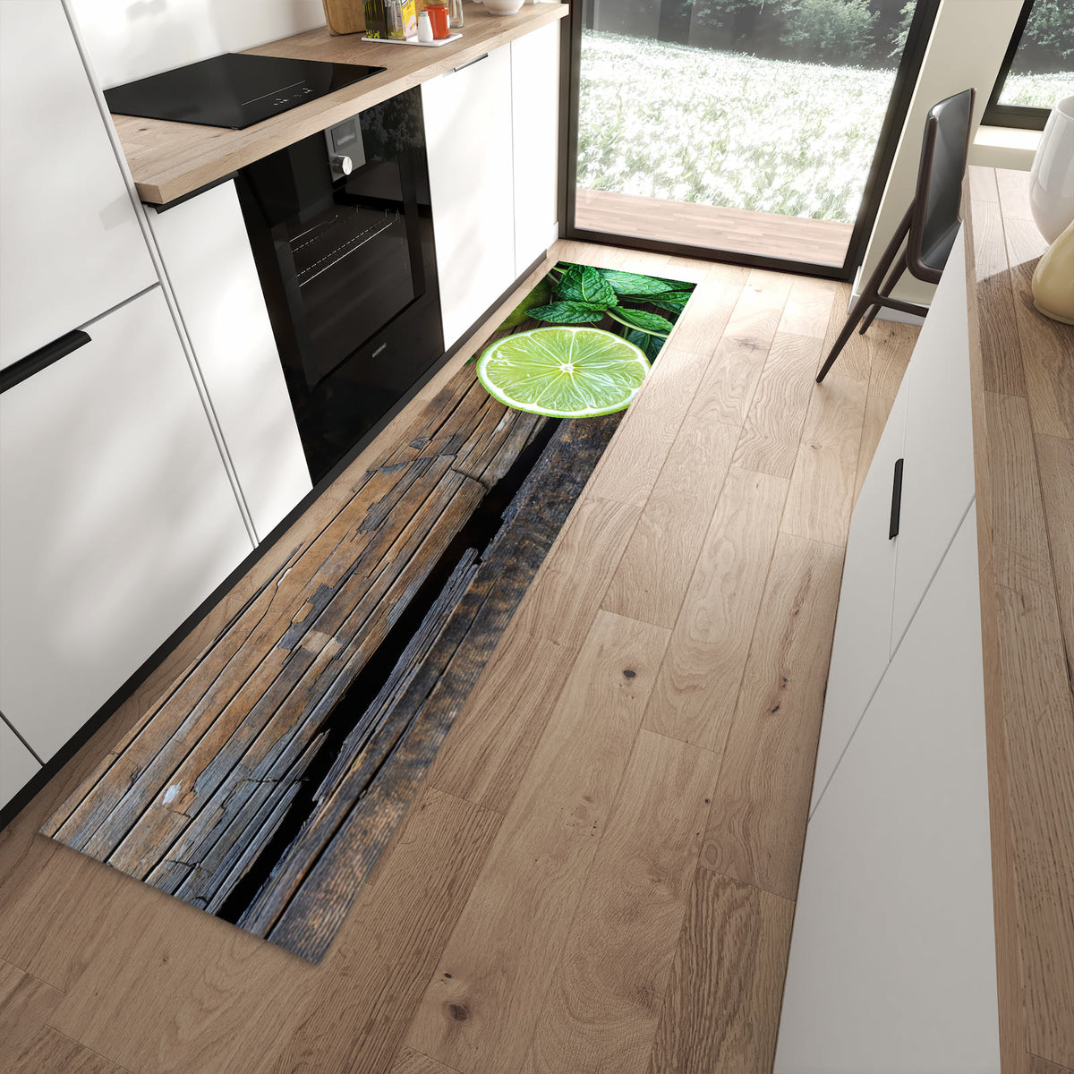 Waschbarer Küchenläufer mit Motiv Zitrusfruechte Holz in moderner Küche