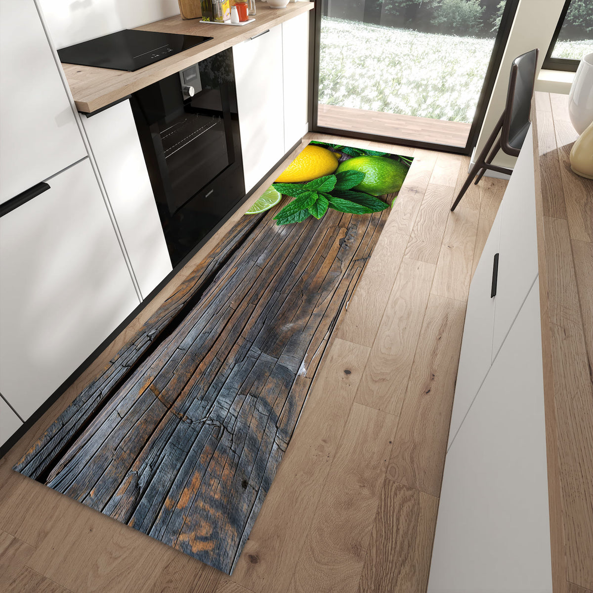 Küchenläufer mit Motiv Zitrusfruechte Holz für Ordnung im Eingangsbereich moderner Küche