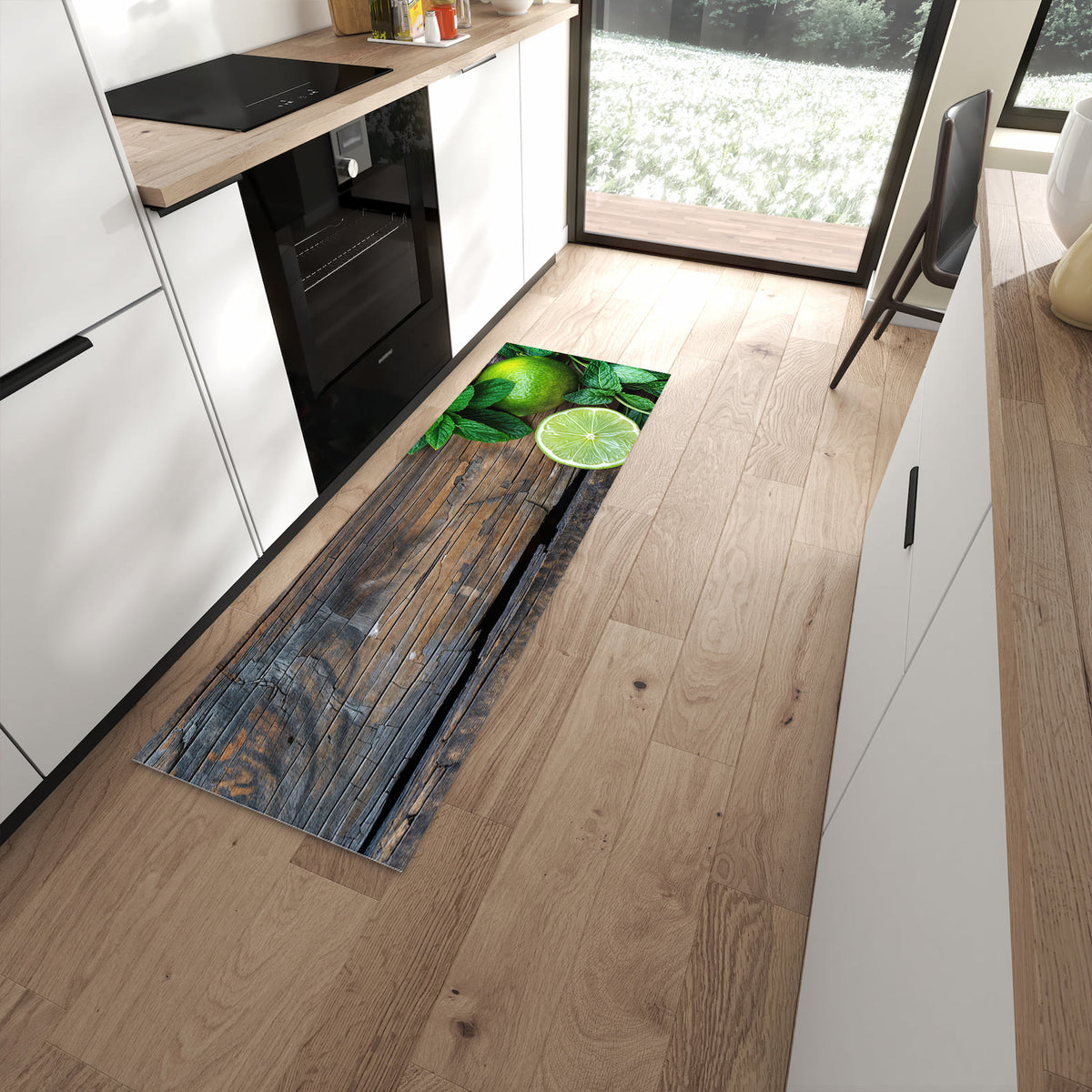 Hygienischer Küchenteppich mit Motiv Zitrusfruechte Holz in moderner Küche - waschbar