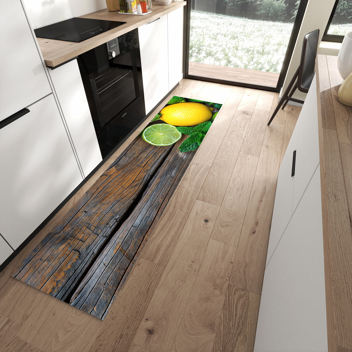 Strapazierfähiger Küchenläufer mit Motiv Zitrusfruechte Holz in moderner Küche