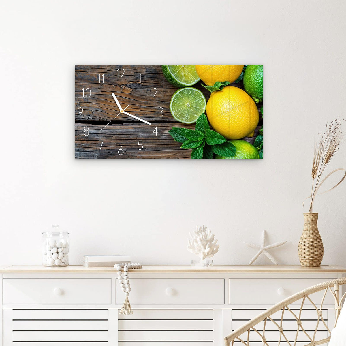 Wanduhr Zitrusfruechte Holz aus Glas – Querformat 60 × 30 cm – Zitronen und Limetten auf Holz