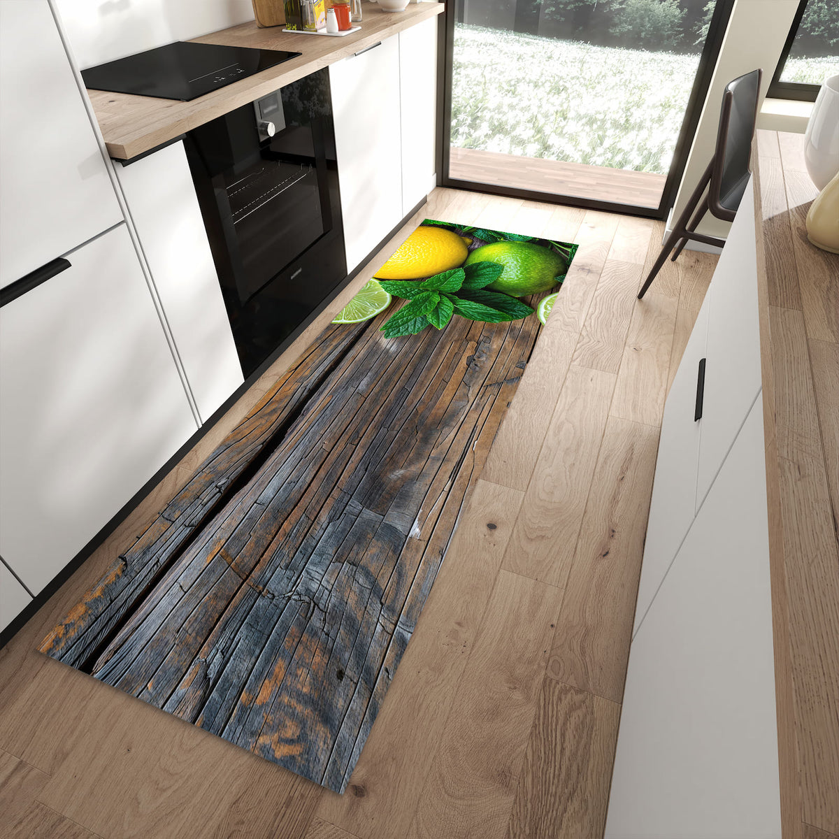 Bodenschonender langer Teppich mit Motiv Zitrusfruechte Holz in moderner Küche
