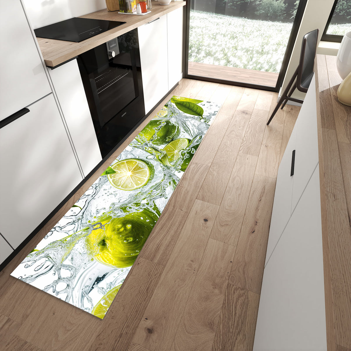 Komfortabler Küchenteppich mit Motiv Zitrusfrucht Spritzer in moderner Küche