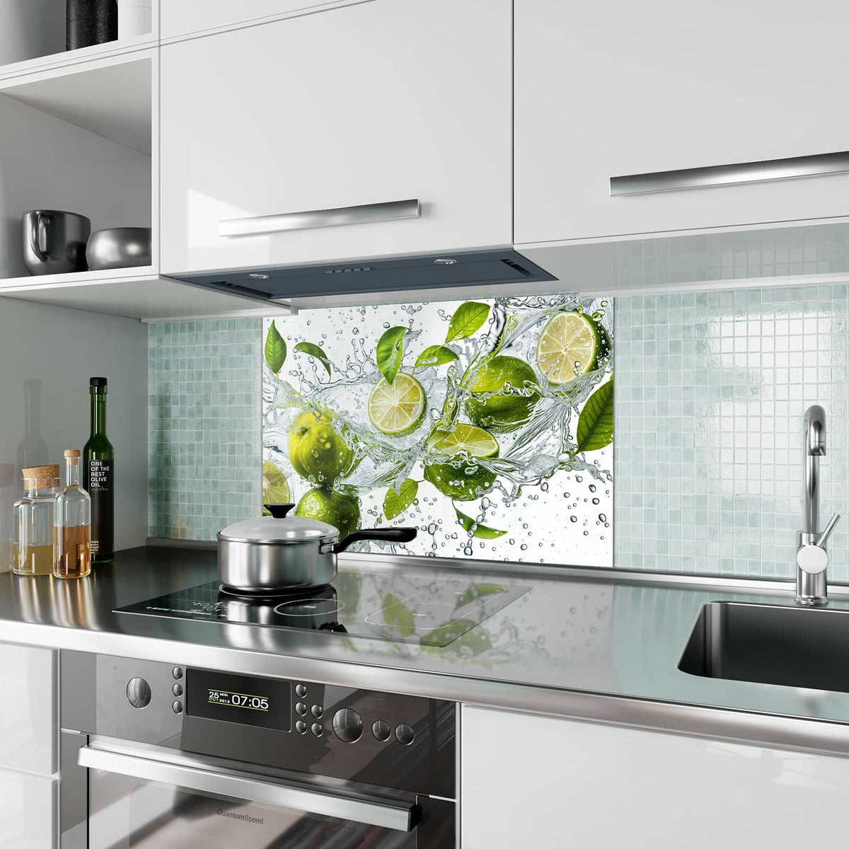 Küchenrückwand aus Glas Limetten im Wasser im Hochformat als Spritzschutz hinter dem Kochfeld, über dem Fliesenspiegel montiert