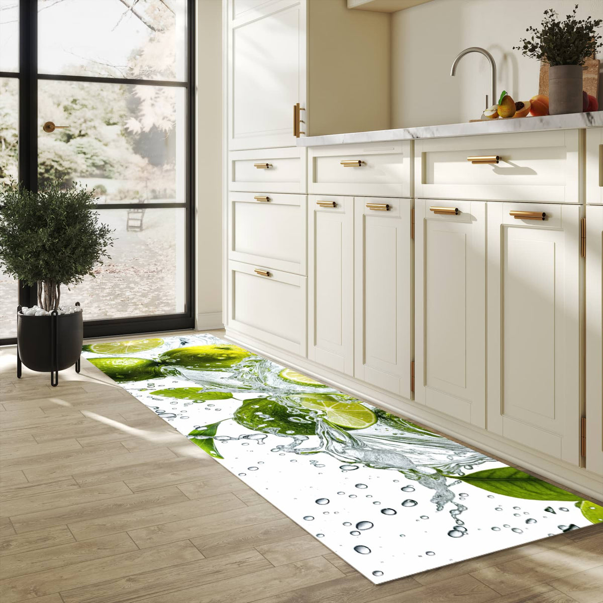 Langlebiger Küchenteppich mit Motiv Zitrusfrucht Spritzer in heller Küche