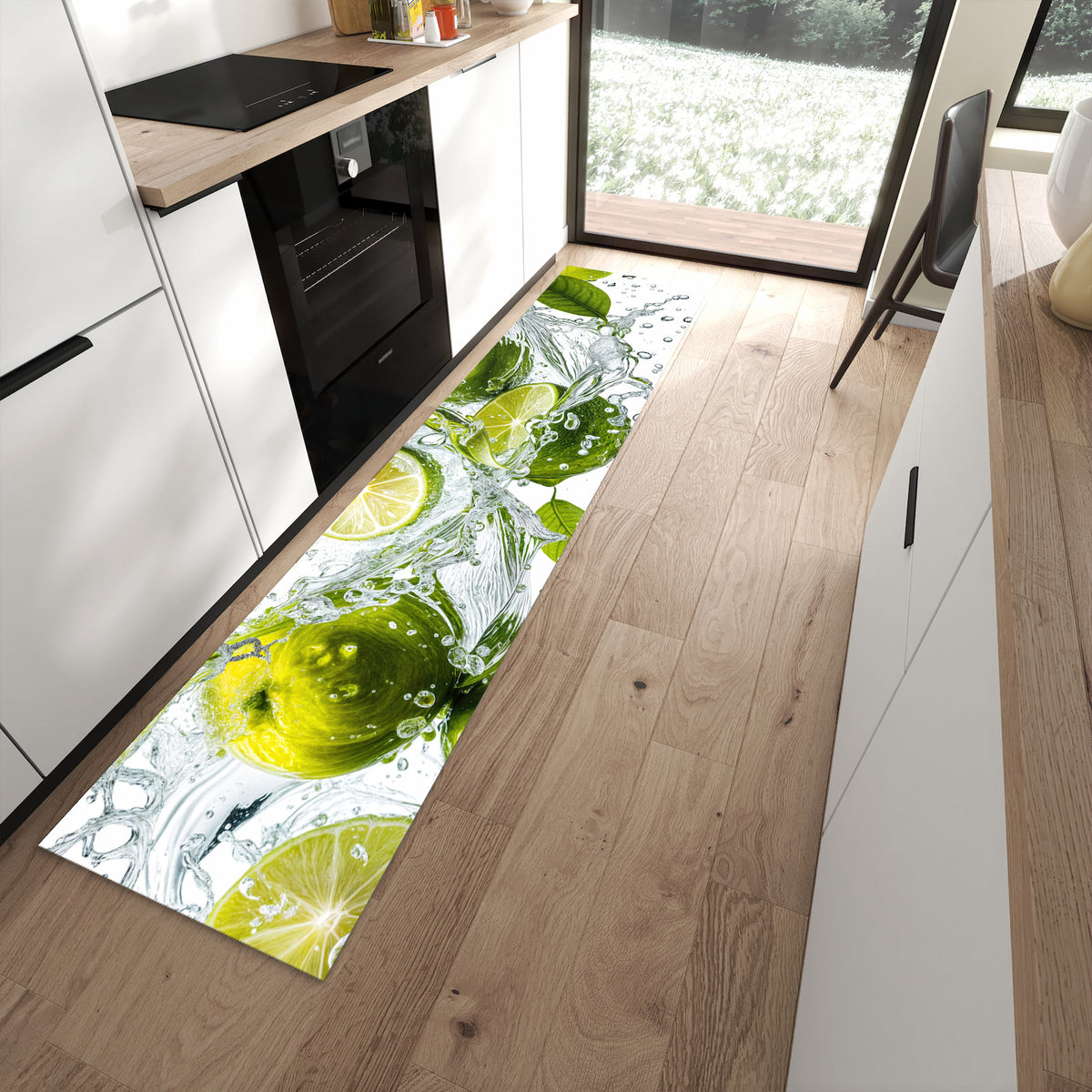 Wasserabweisender Teppich für Küche mit Motiv Zitrusfrucht Spritzer in moderner Küche