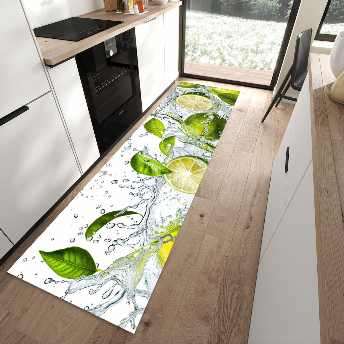 Flacher Küchenteppich mit Motiv Zitrusfrucht Spritzer in moderner Küche