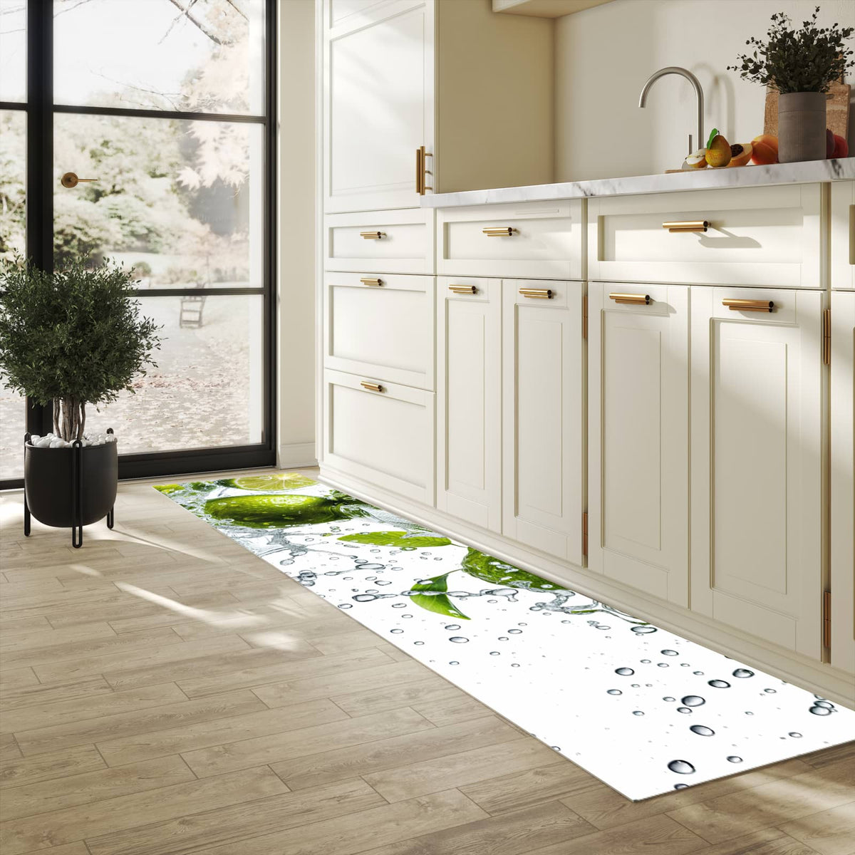 Waschbarer Teppich fürs Esszimmer mit Motiv Zitrusfrucht Spritzer in heller Küche
