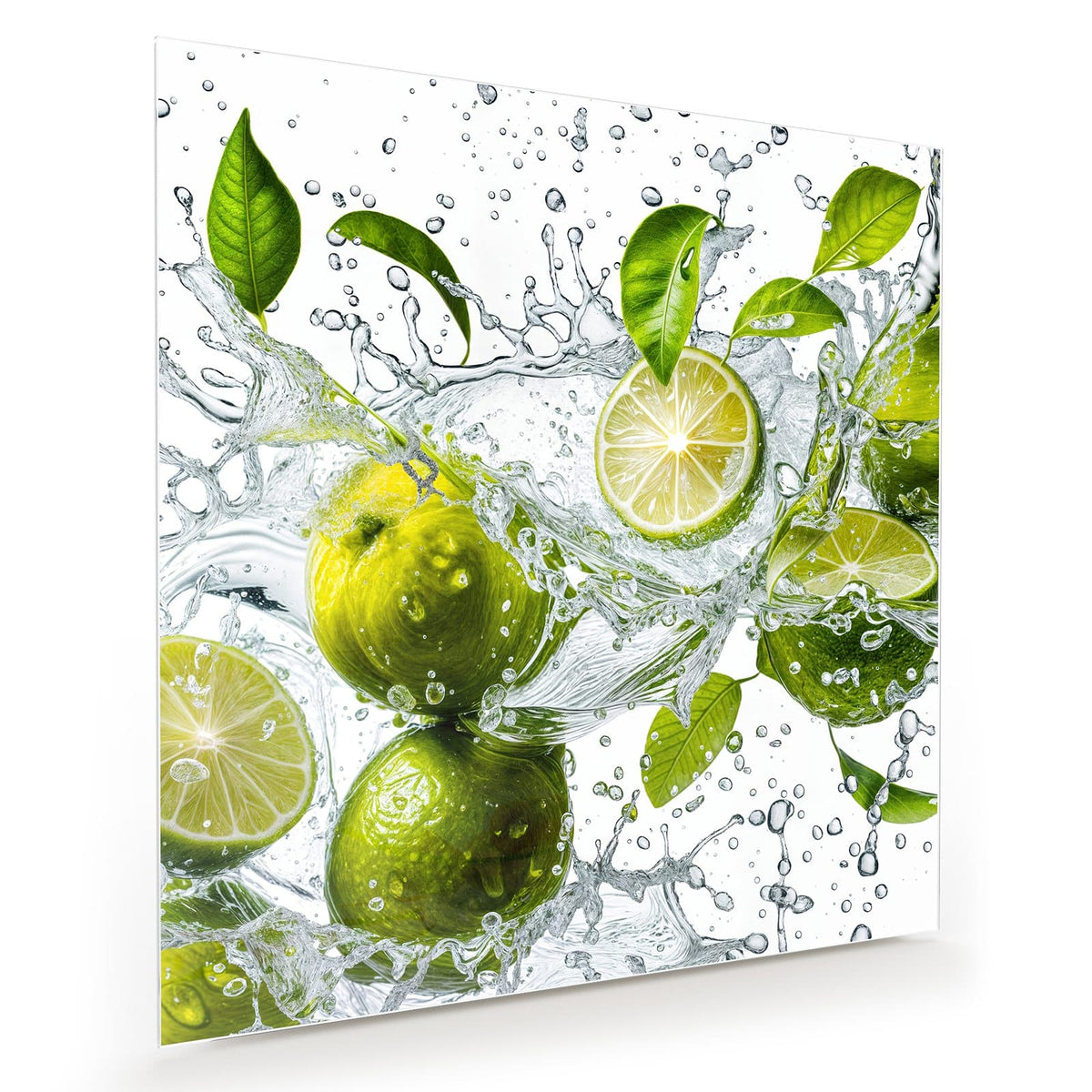 Ganze und halbierte Limetten mit Blättern in aufspritzendem Wasser vor Weiß