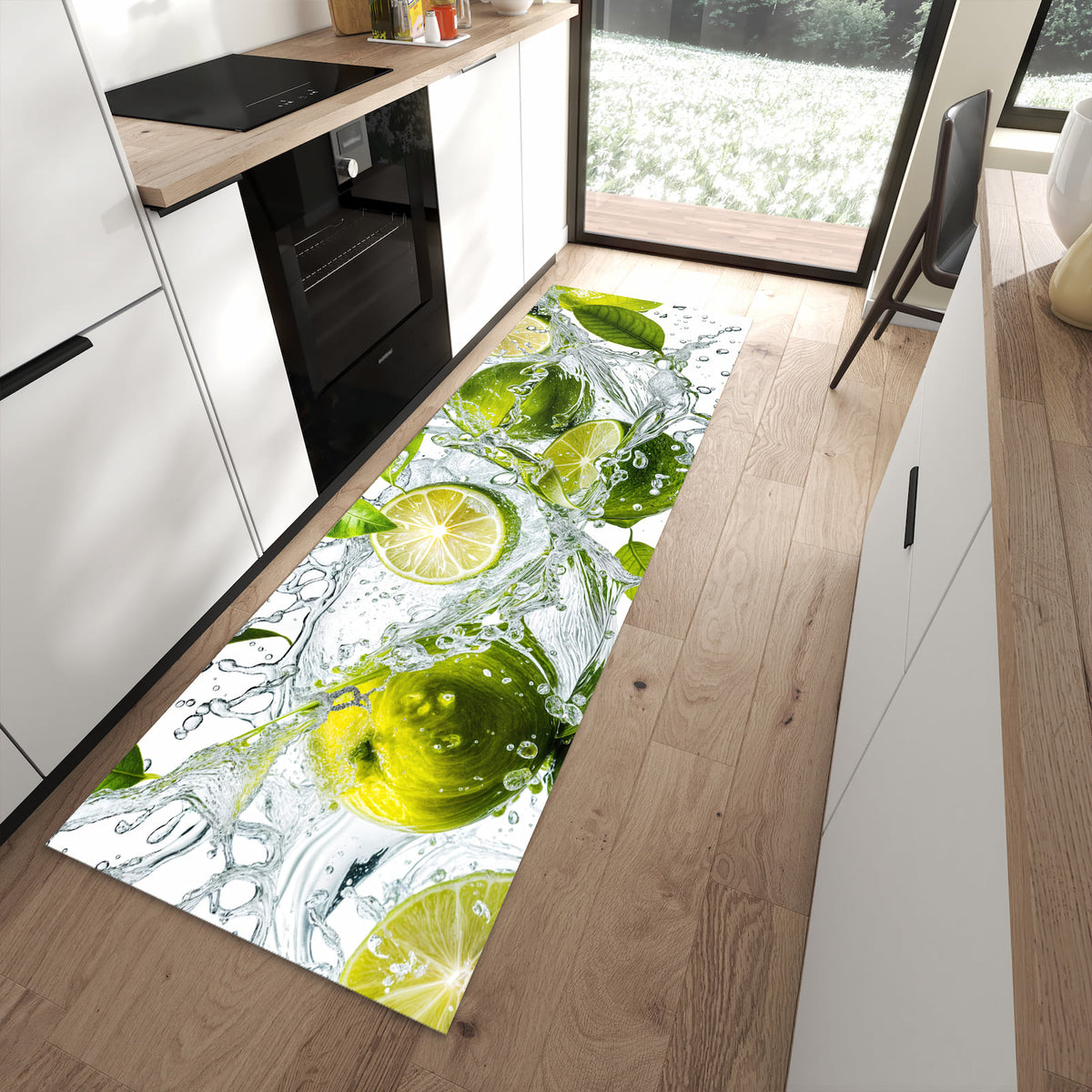 Langlebiger Küchenteppich mit Motiv Zitrusfrucht Spritzer in moderner Küche