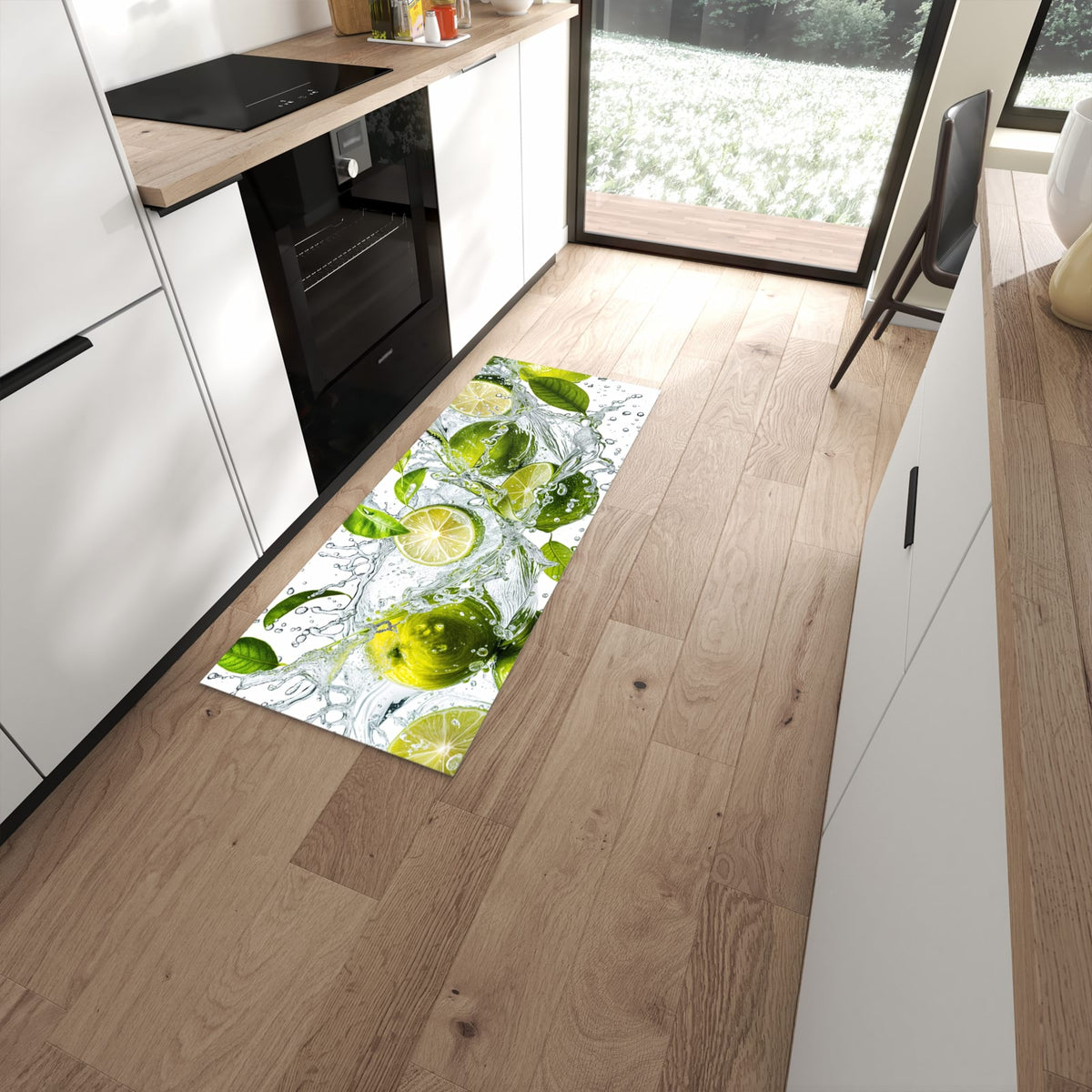 Abriebfester Küchenteppich mit Motiv Zitrusfrucht Spritzer in moderner Küche #grösse_60 x 150 cm