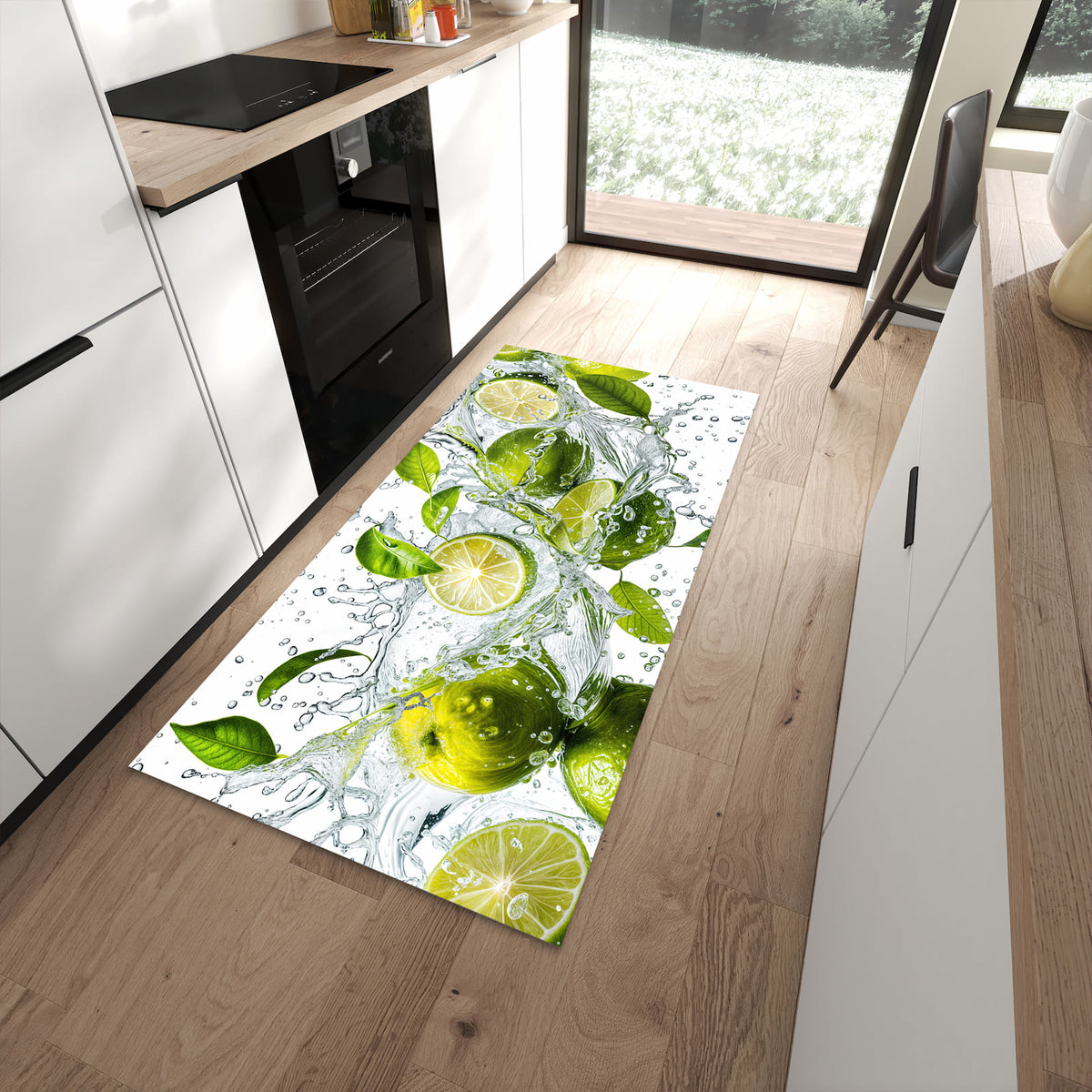 Komfortabler Küchenläufer mit Motiv Zitrusfrucht Spritzer in moderner Küche
