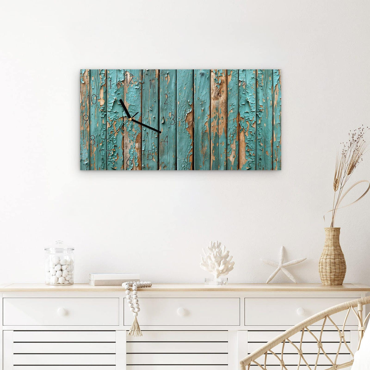 Wanduhr Alte Abblätternde Farbe aus Glas – Querformat 60 × 30 cm – Türkise Farbe blättert von Holz