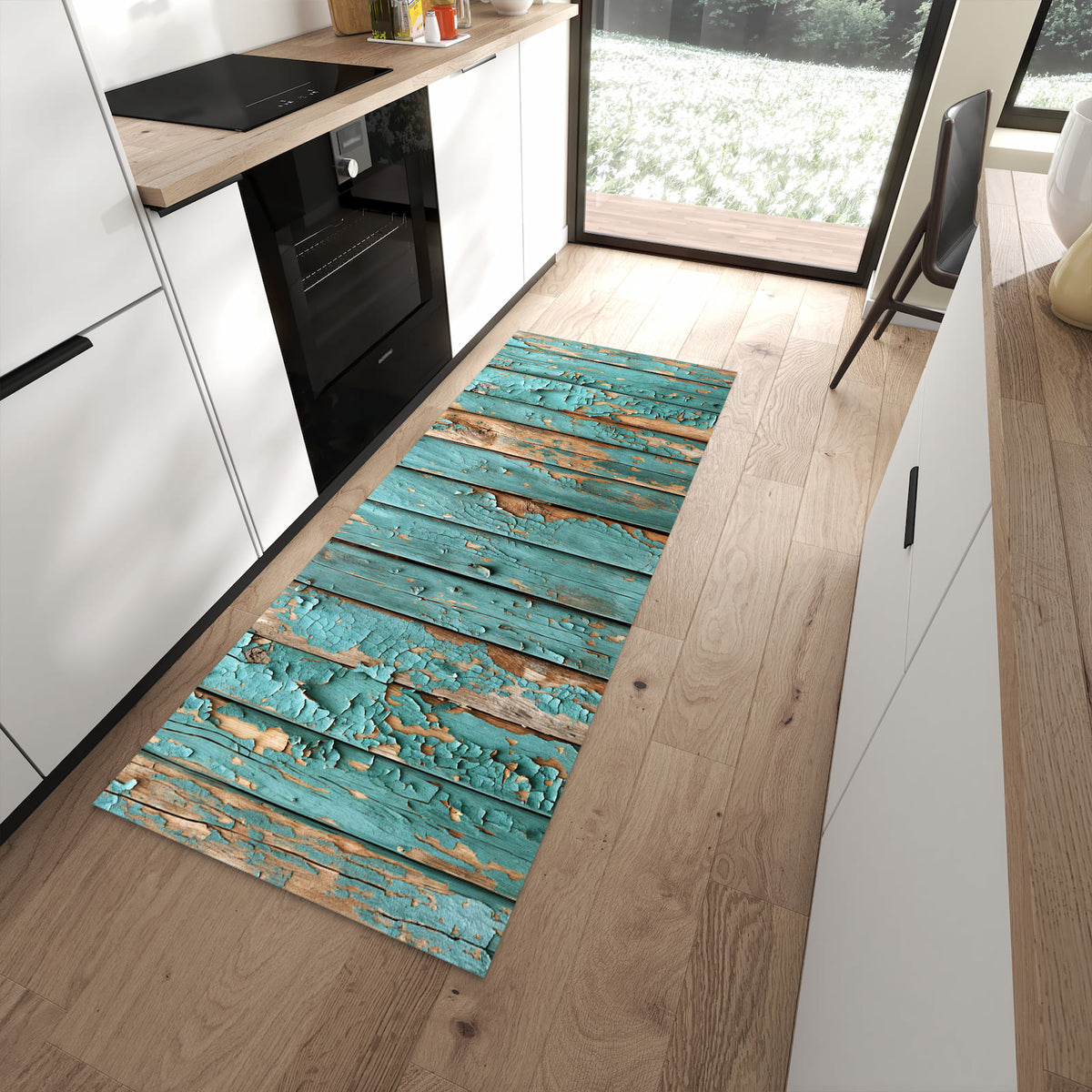 Komfortabler Küchenteppich mit Motiv Farbe von Abblätternde in moderner Küche