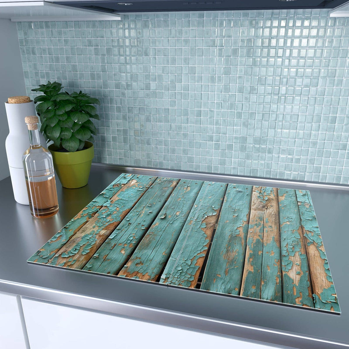 Herdabdeckplatte Türkise Farbe auf Holz – Türkise Farbe blättert von Holz