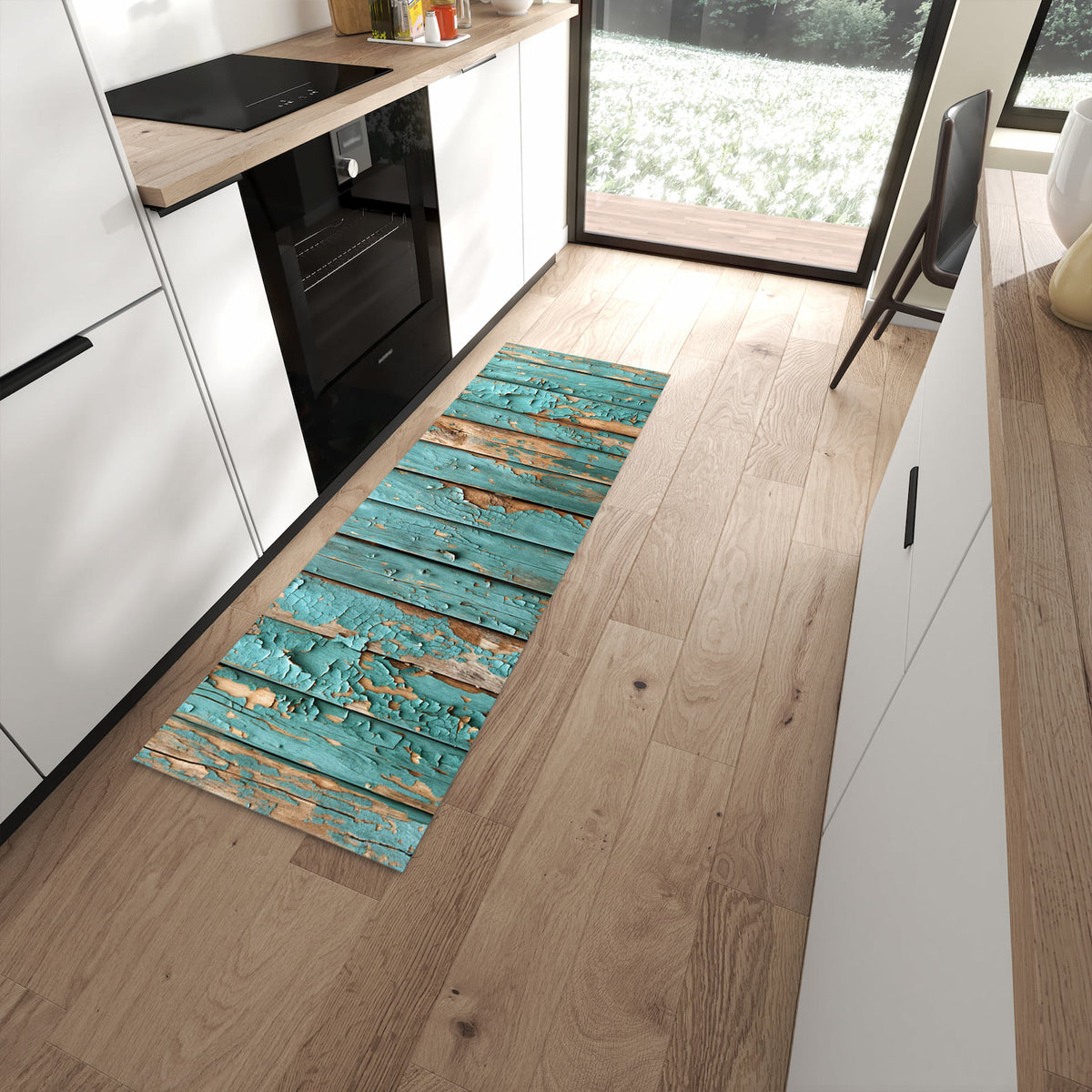 Geruchsneutraler Teppich in Küche mit Motiv Farbe von Abblätternde in moderner Küche