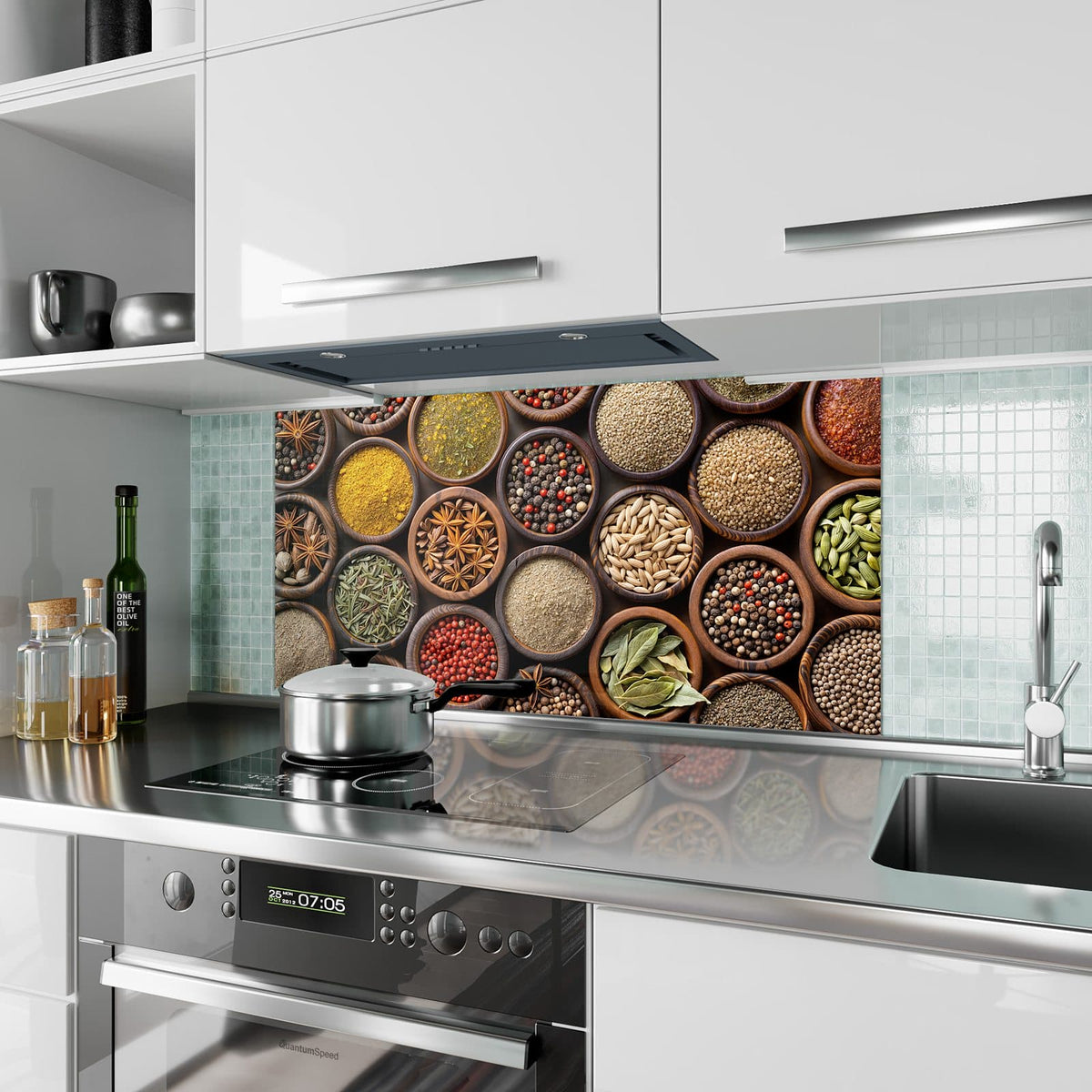 Küchenrückwand aus Glas Dunkle Gewürzschalen im Hochformat als Spritzschutz hinter dem Kochfeld, über dem Fliesenspiegel montiert