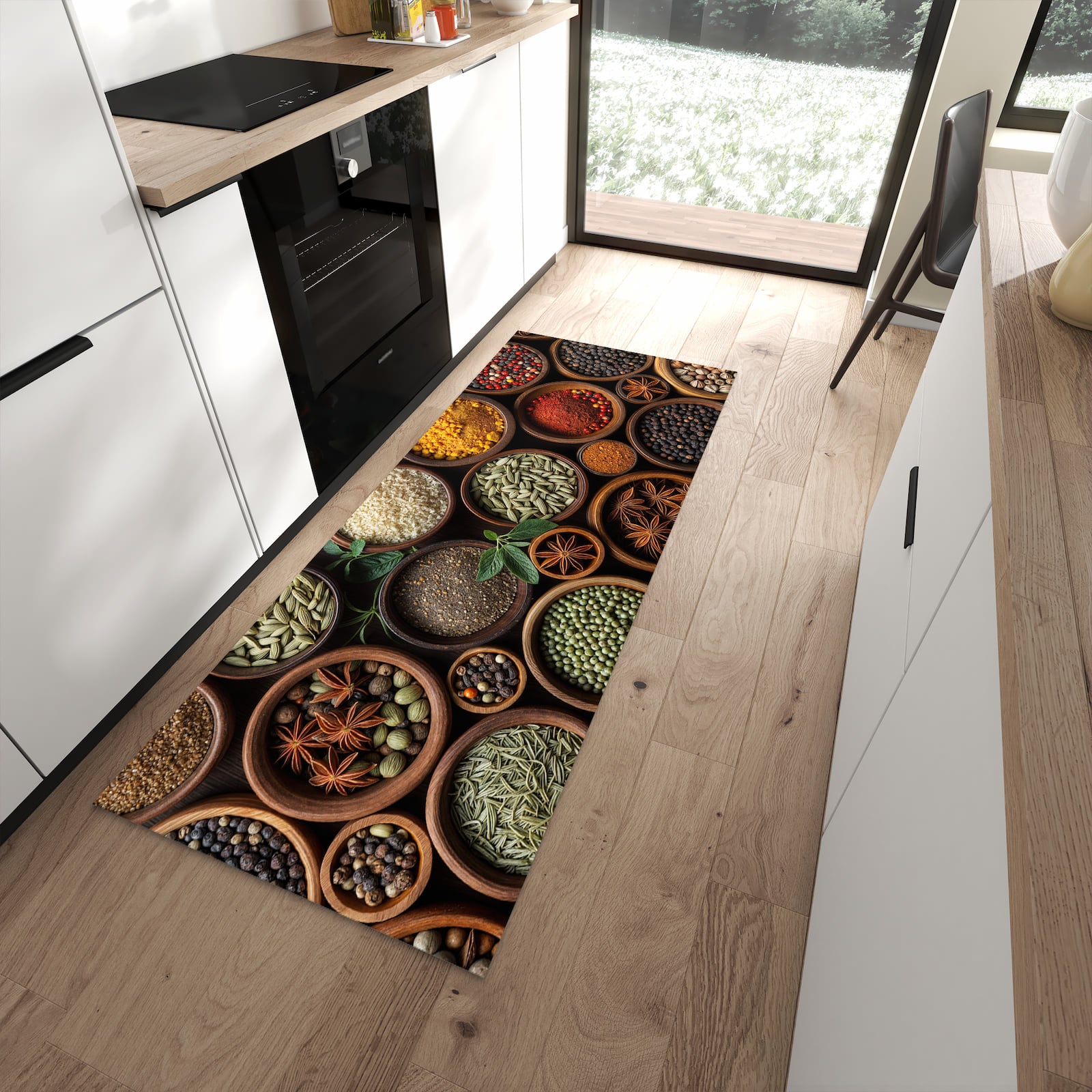Waschbarer Küchenläufer mit Motiv Vielfalt Gewuerze für Ordnung in moderner Küche