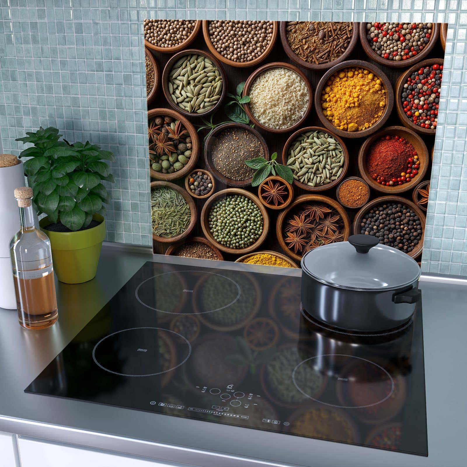 1-teilige Glasplatte für Herd mit Vielfalt Gewuerze-Motiv als Spritzschutz hinter dem Kochfeld