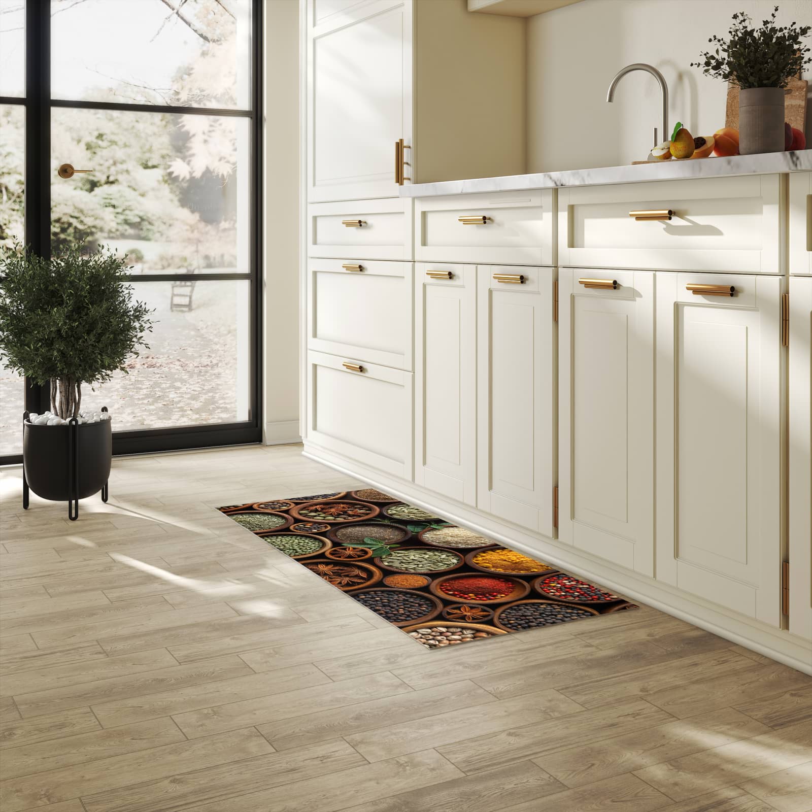 Farbbeständiger Läufer für die Küche mit Motiv Vielfalt Gewuerze in heller Küche